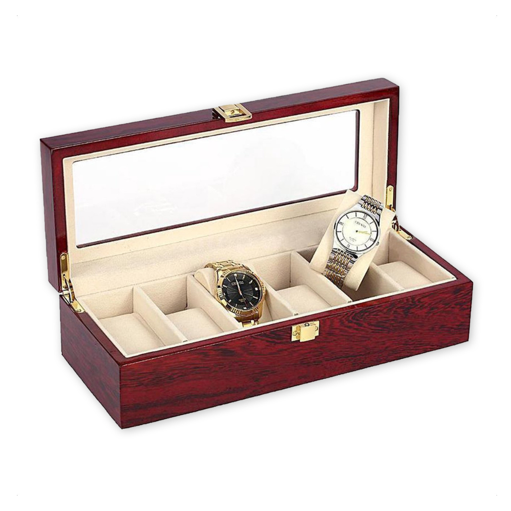 Luxuriöse Uhrenbox aus Holz – 6 Fächer mit Kissen (Holz)
