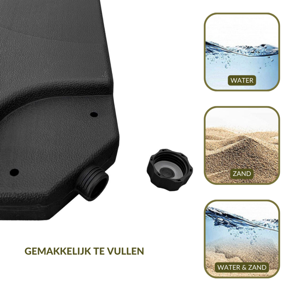 Close-up of black plastic parasol base tile corner showing fill port with cap removed, beside icons for water, sand, or co…