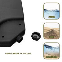 Close-up of black plastic parasol base tile corner showing fill port with cap removed, beside icons for water, sand, or co…