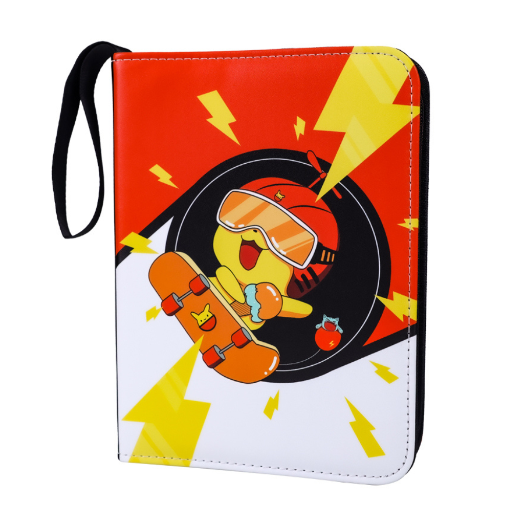 Red and white zip-close trading card binder, front cover showing cartoon character in goggles holding skateboard, yellow l…