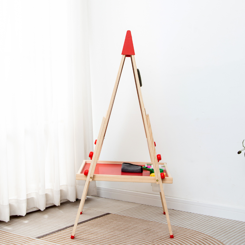 Wooden easel for children with chalkboard and whiteboard