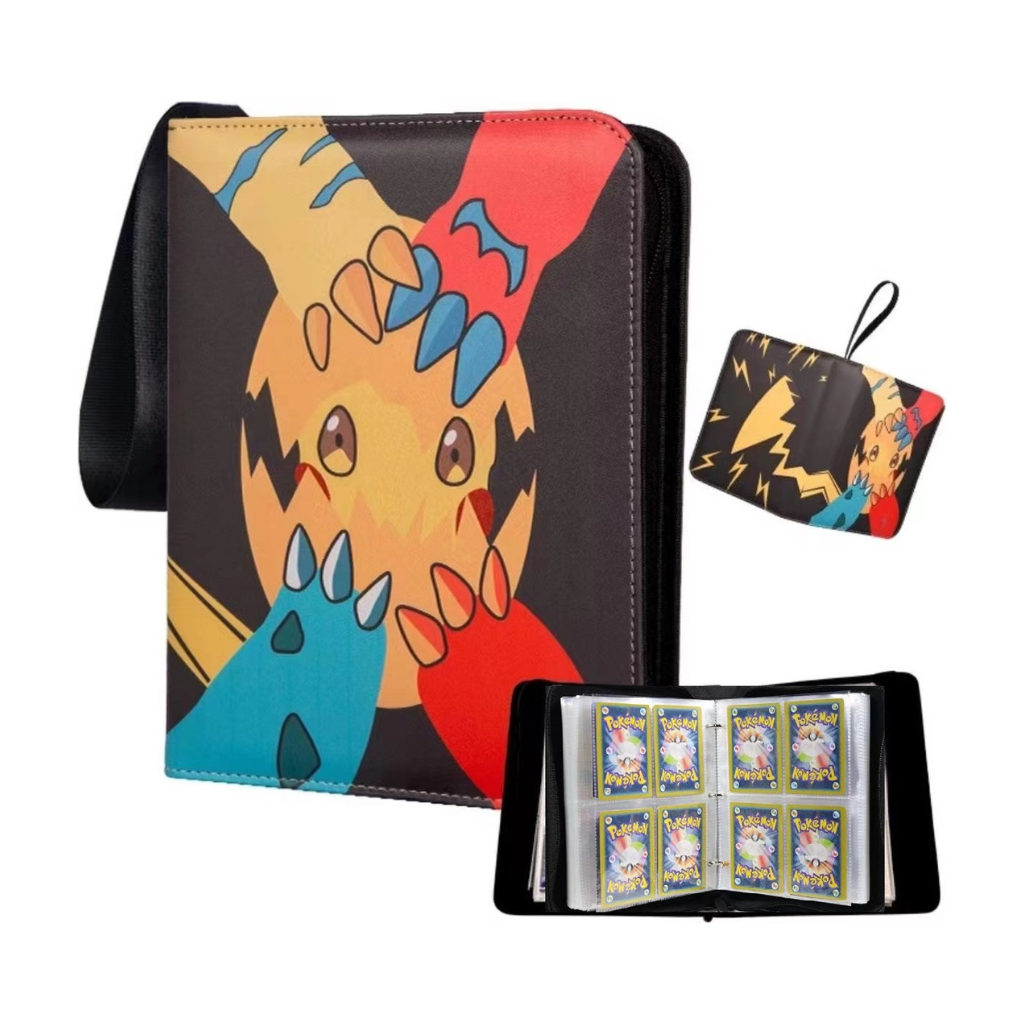 Pikachu-print zippered trading card binder shown closed and open with Pokémon cards, plus small matching pouch accessory