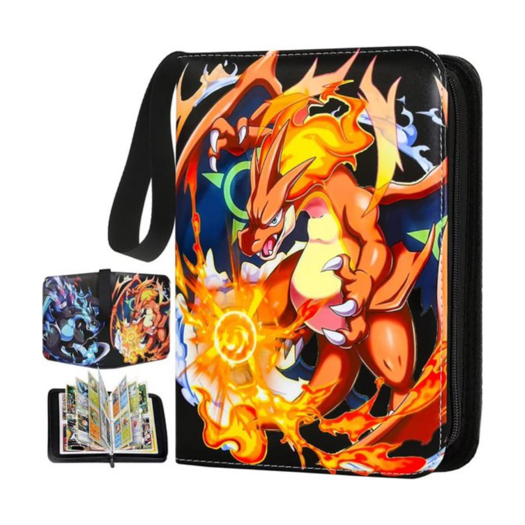 Black zippered trading card binder with Charizard print cover and carrying handle, shown closed and open with cards inside