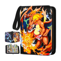 Black zippered trading card binder with Charizard print cover and carrying handle, shown closed and open with cards inside