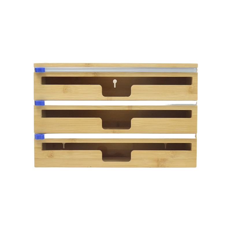 Front view of a light brown bamboo 3-in-1 foil dispenser with three metal cutters, blue end caps, and a keyhole wall-mount…