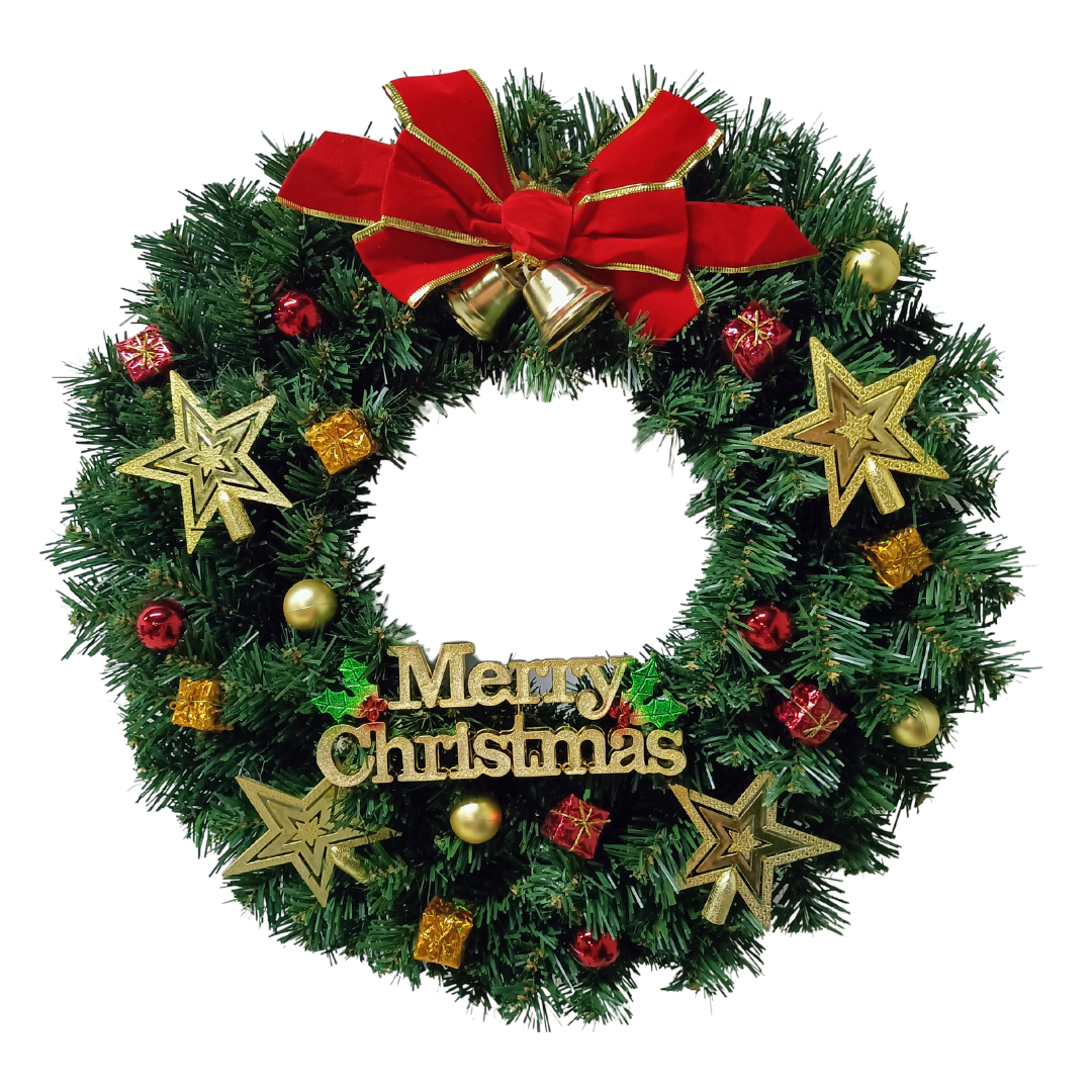 Couronne de Noël en PVC Buxibo avec décorations - Vert - Avec nœud et boules de Noël - 180 branches - 60 cm
