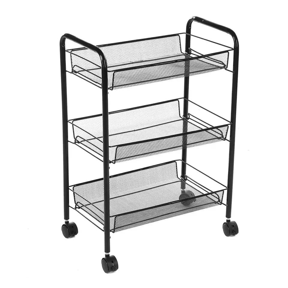 Buxibo Storage Rack 3 Layers on Wheels with Compartments - Kitchen Trolley on Wheels - Bathroom/Kitchen/Room Storage Rack - Niche Rack - 45cmx37cmx63cm - Black