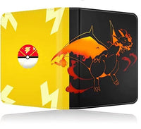 Yellow and black Pokémon trading card binder open showing Charizard graphic on back cover and Poké Ball on yellow lightnin…