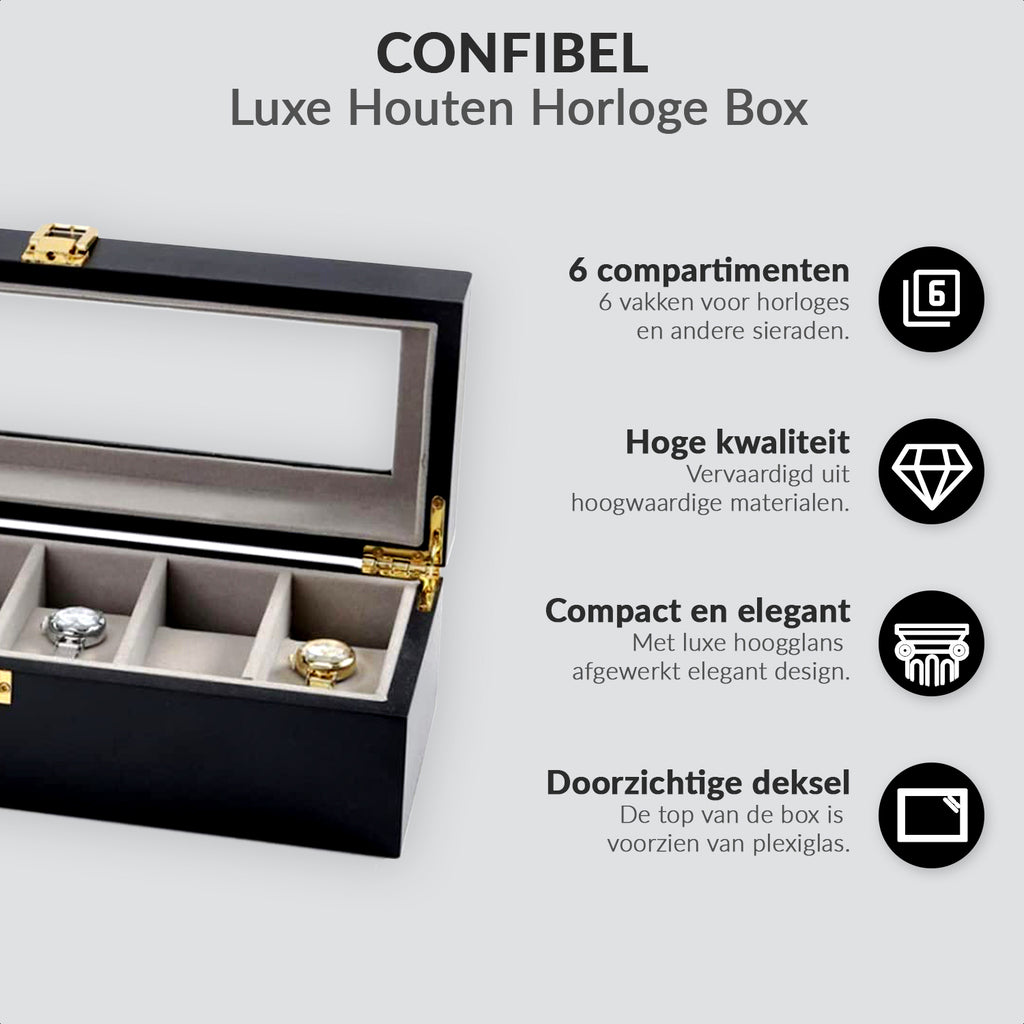 Luxuriöse Uhrenbox aus Holz – 6 Fächer mit Kissen (schwarz)