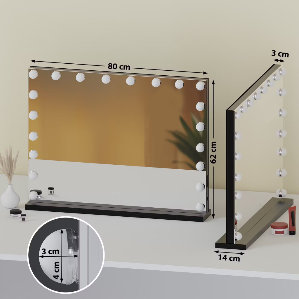 Miroir de maquillage Hollywood avec 15 lampes LED 80x60 cm - Noir