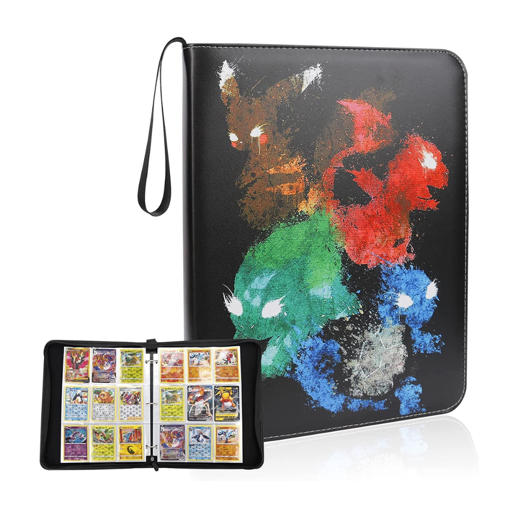 Black zip-up trading card binder with colourful Eevee evolutions cover art, shown closed with wrist strap and open display…