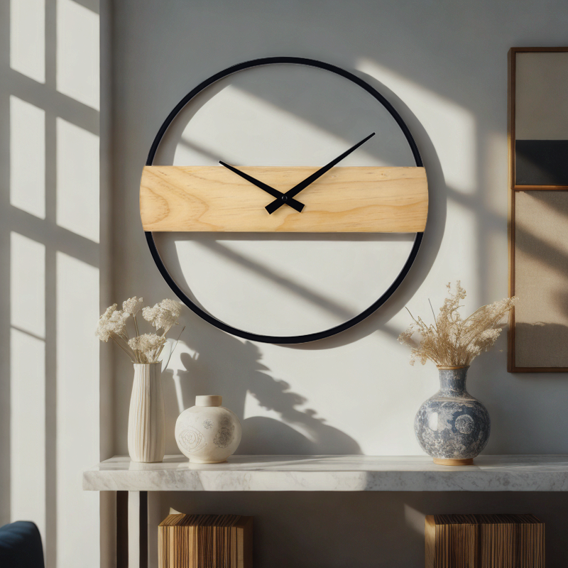 Reykjavik wall clock on grey wall above marble console with ceramic vases, sunlight casting grid shadows across the face