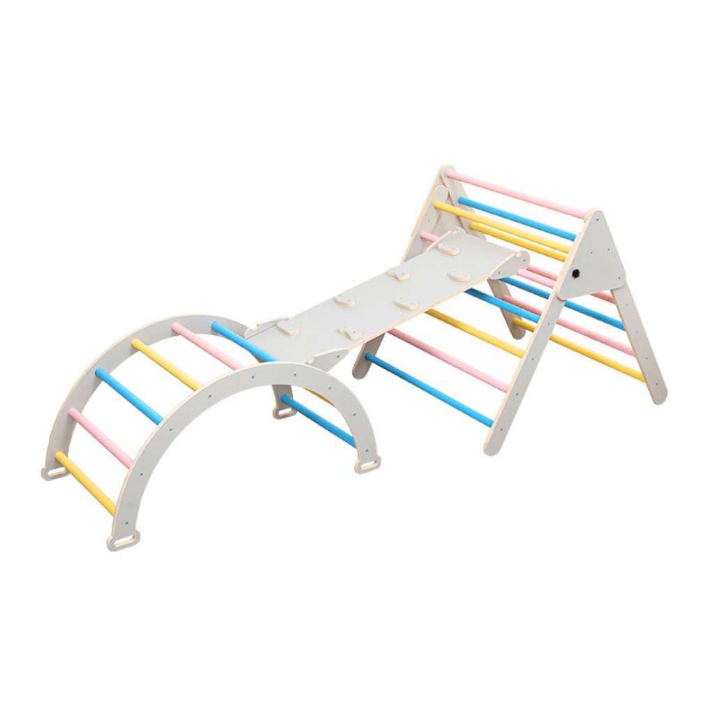 Buxibo foldbar trekant + klatrebue + rampe med klatrestativ/rutschebane - Montessorimøbler Trælegegymnastik til indendørs - Grå - 210x83x81cm