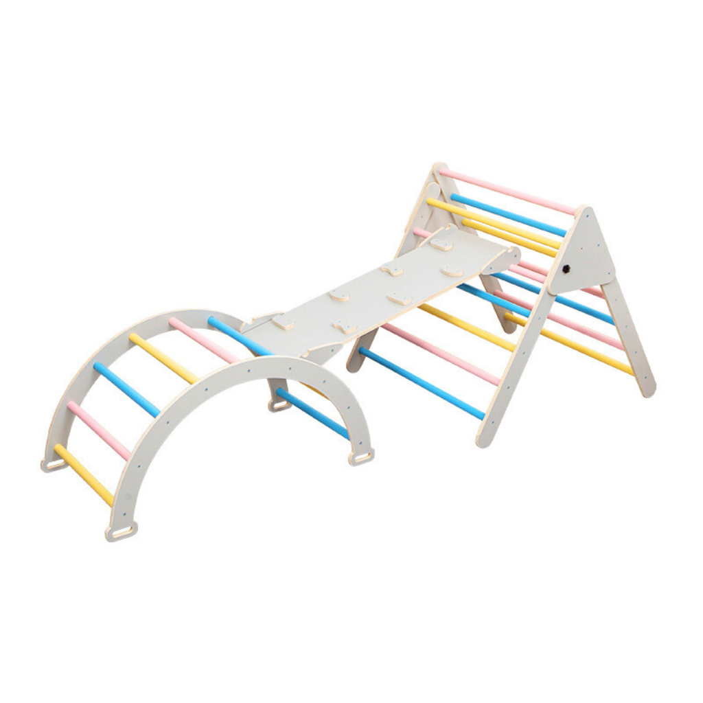 Foldable wooden play gym with climbing arch and slide