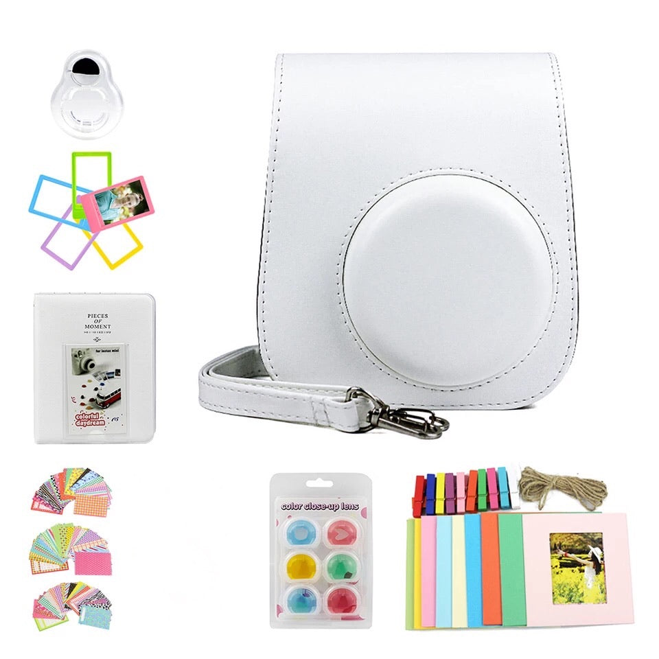 Buxibo Ensemble d'accessoires Fujifilm Instax Mini 11 – Y compris étui de protection avec bandoulière Livre photo Fuji/objectif/cintres/autocollants – Blanc