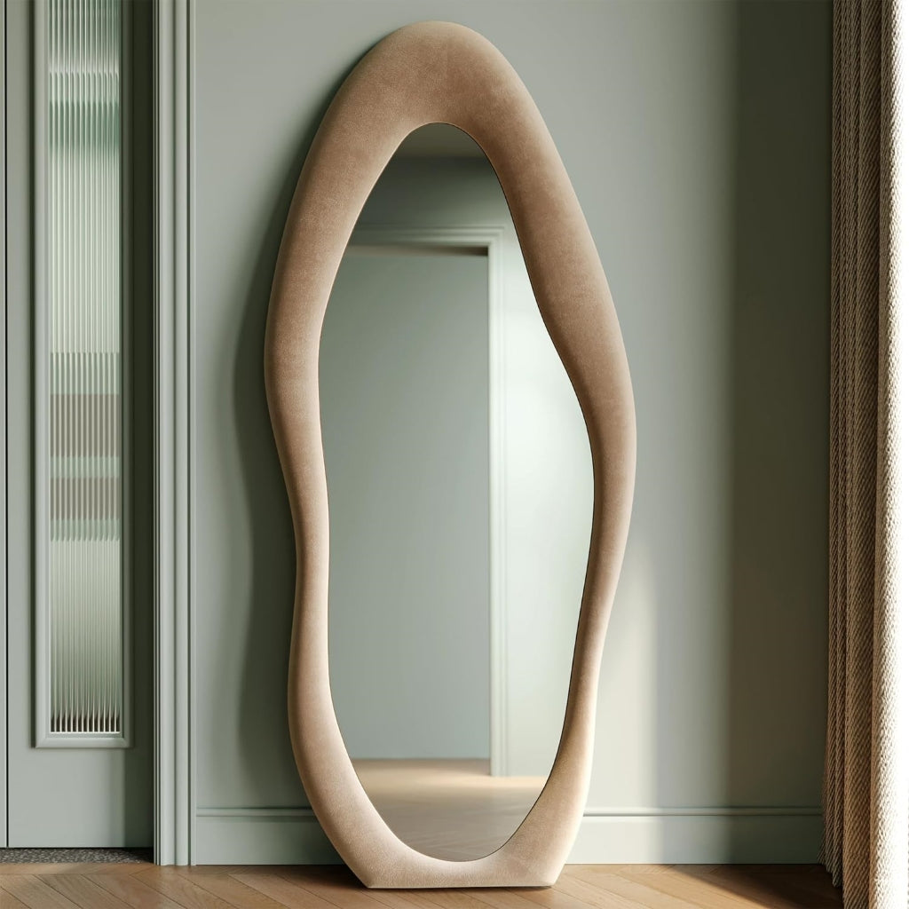 Upholstered asymmetrical standing mirror Seraphina