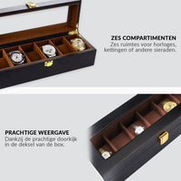 Black wooden watch box open showing 6 brown cushioned slots and gold clasp, with close-up detail of glass lid and interior…