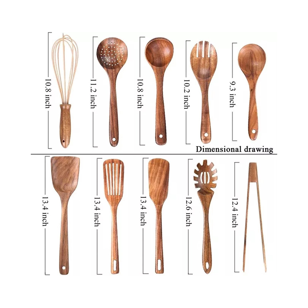 Set of 10 luxury teak wood kitchen utensils