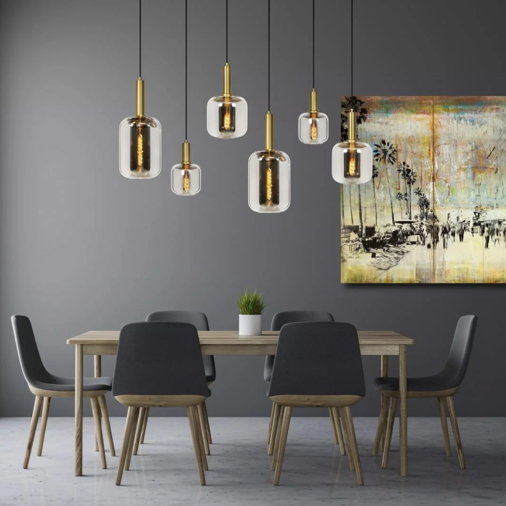 Glazen hanglamp in goud met 6 lichtpunten, exclusief lichtbron