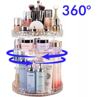 Clear rotating makeup organiser shown loaded with Laneige skincare, Mary Kay creams, brushes and perfumes, with 360° rotat…