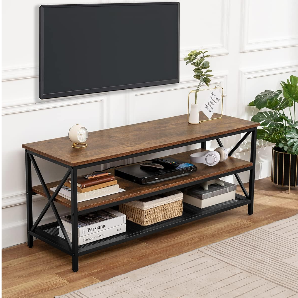 Meuble TV vintage en bois avec structure en acier - Marron