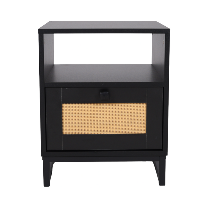 Japandi wooden bedside table with rattan base