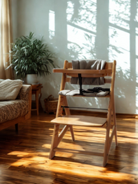 Natural wood highchair with grey cushion and black harness in a sunlit living room, warm hardwood floor, green plant in ba…