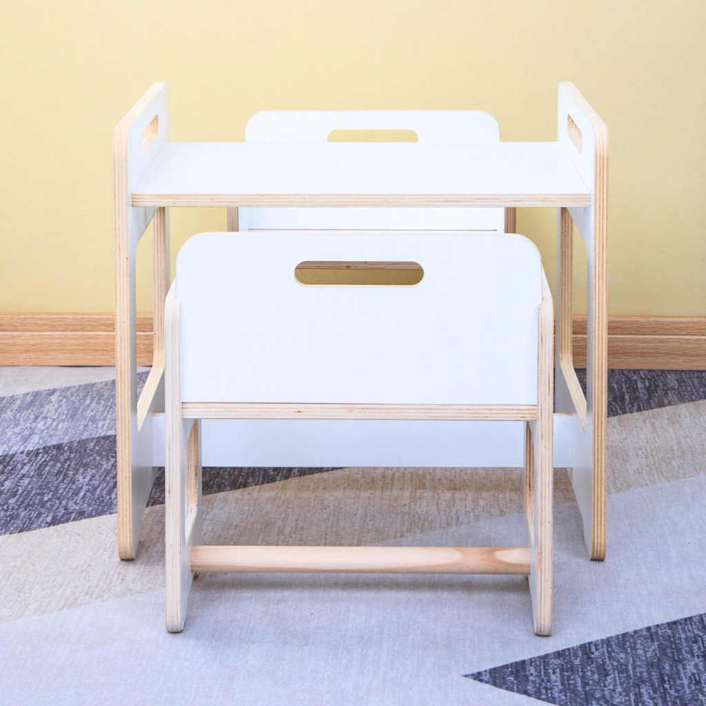 Buxibo Montessori Children's Table - Including 2 Retractable Chairs - Toddler Dining Area and Children's Furniture Set Including Chairs - 50x45x50cm - White