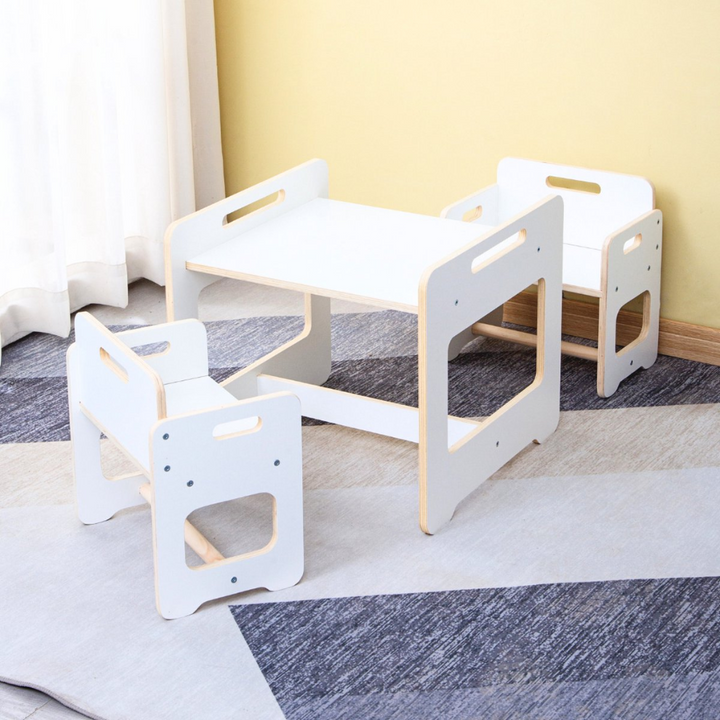 Buxibo Montessori Children's Table - Including 2 Retractable Chairs - Toddler Dining Area and Children's Furniture Set Including Chairs - 50x45x50cm - White