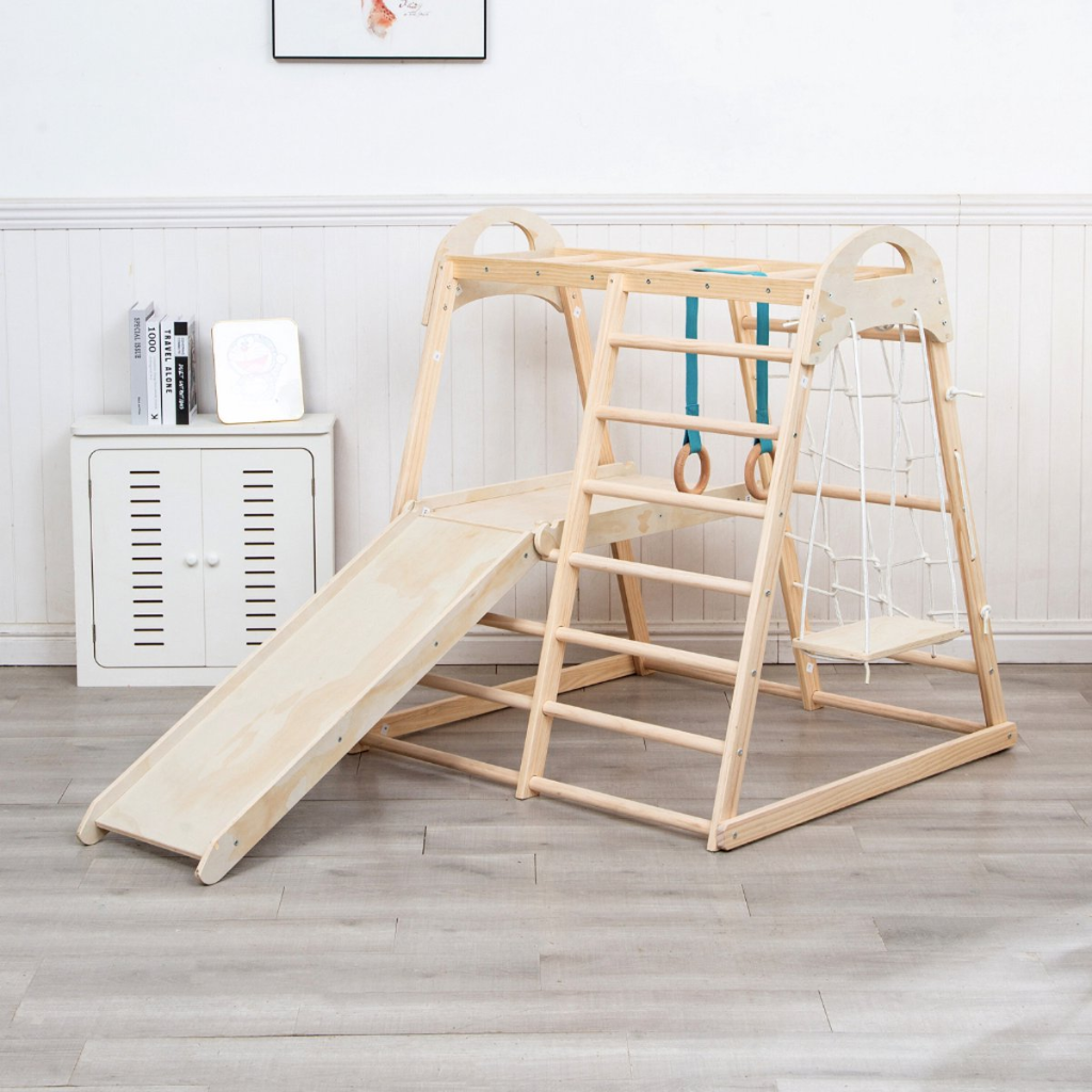 Buxibo Juego para niños pequeños Parque infantil interior Gimnasio en la jungla - Marco de escalada multifuncional de madera 7 en 1 - Marco de escalada, escalador de escalera, tobogán, columpio y columpio Más - 204x103x113cm