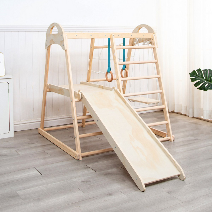 Buxibo Juego para niños pequeños Parque infantil interior Gimnasio en la jungla - Marco de escalada multifuncional de madera 7 en 1 - Marco de escalada, escalador de escalera, tobogán, columpio y columpio Más - 204x103x113cm