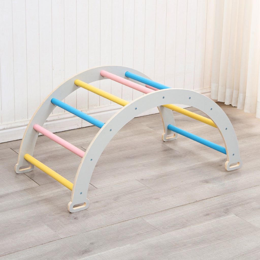 Foldable wooden play gym with climbing arch and slide