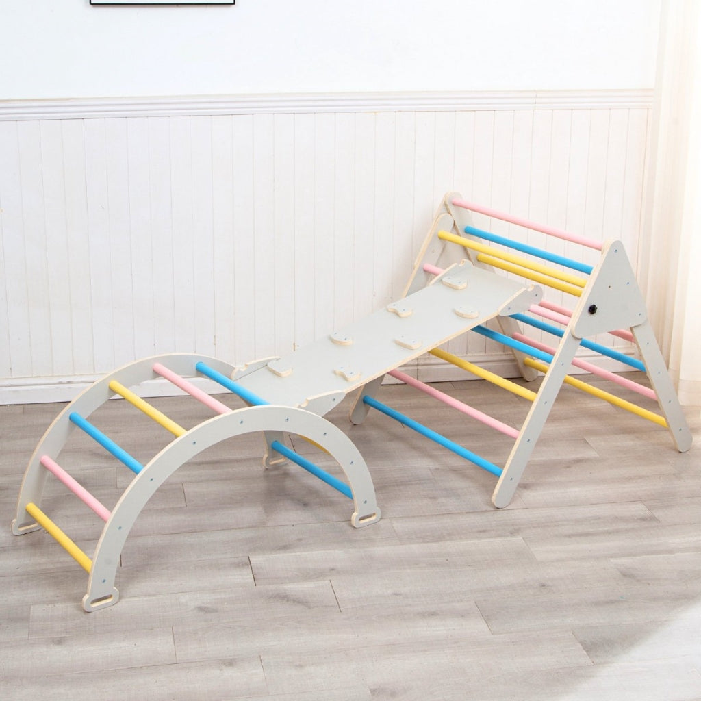 Foldable wooden play gym with climbing arch and slide