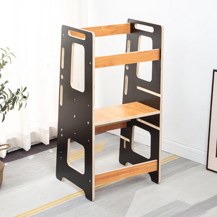 Buxibo Kitchen Tower - Inlärningstorn med Step Step för barn - Montessori Kitchen Aid med säkerhetsskena - 45x40x91 - Svart