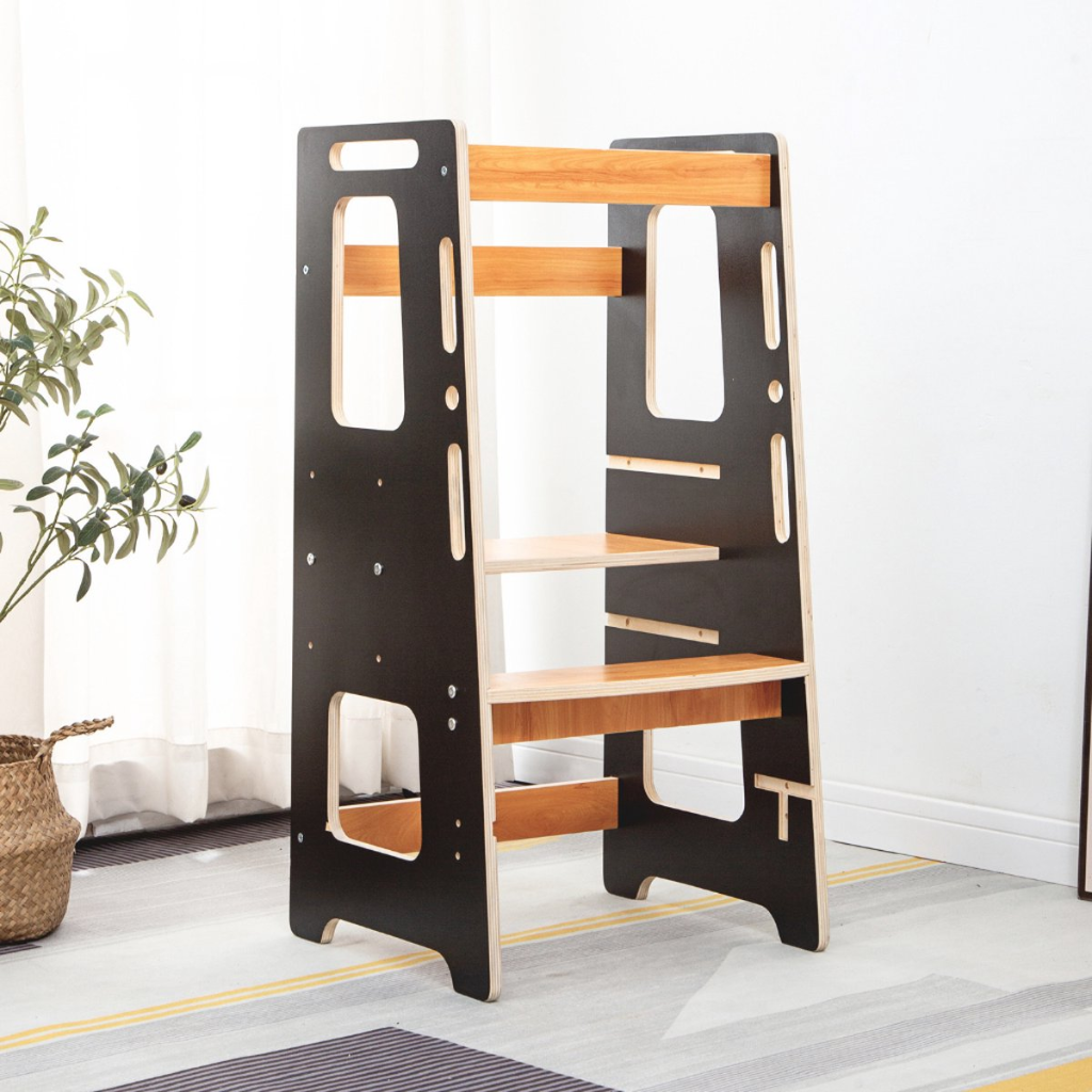 Buxibo Torre de Cocina - Torre de Aprendizaje con Escalón para Niños - Ayuda de Cocina Montessori con Barra de Seguridad - 45x40x91 - Negro