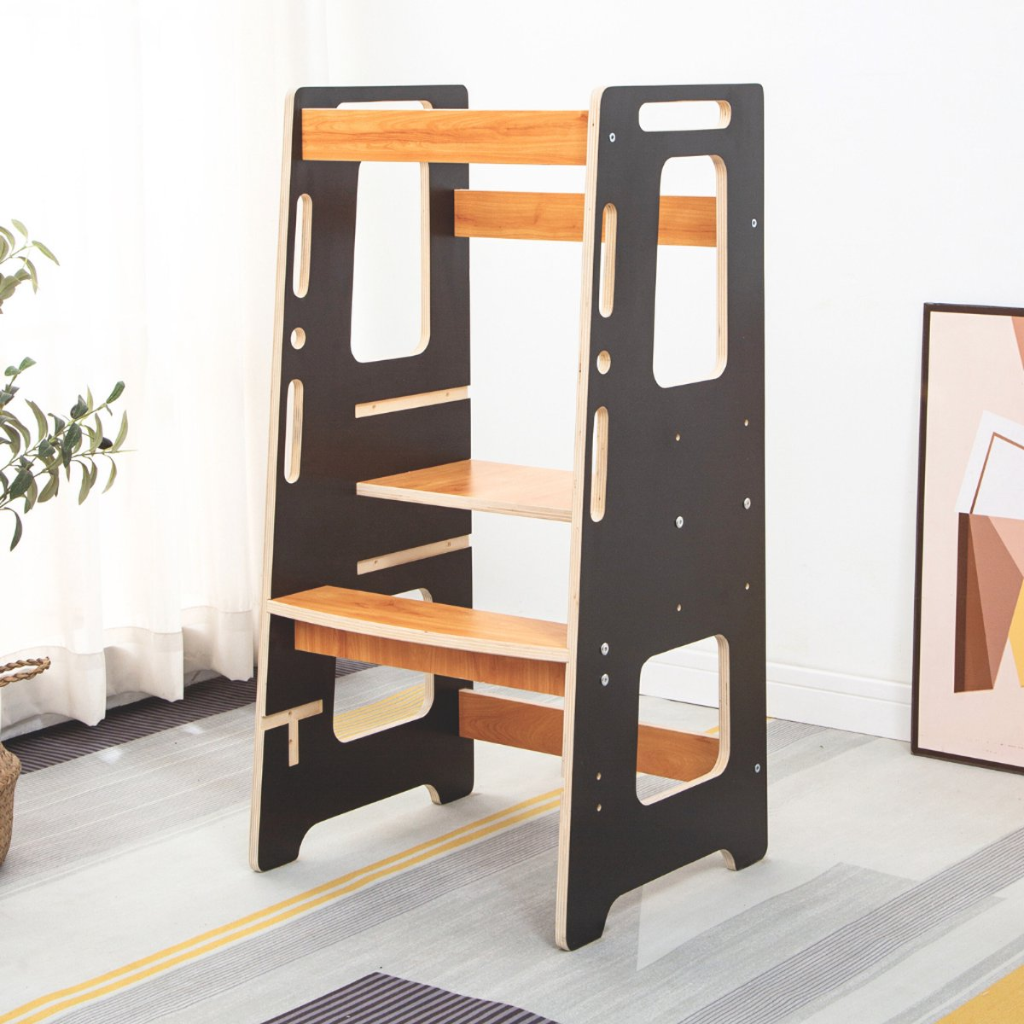 Buxibo Torre de Cocina - Torre de Aprendizaje con Escalón para Niños - Ayuda de Cocina Montessori con Barra de Seguridad - 45x40x91 - Negro