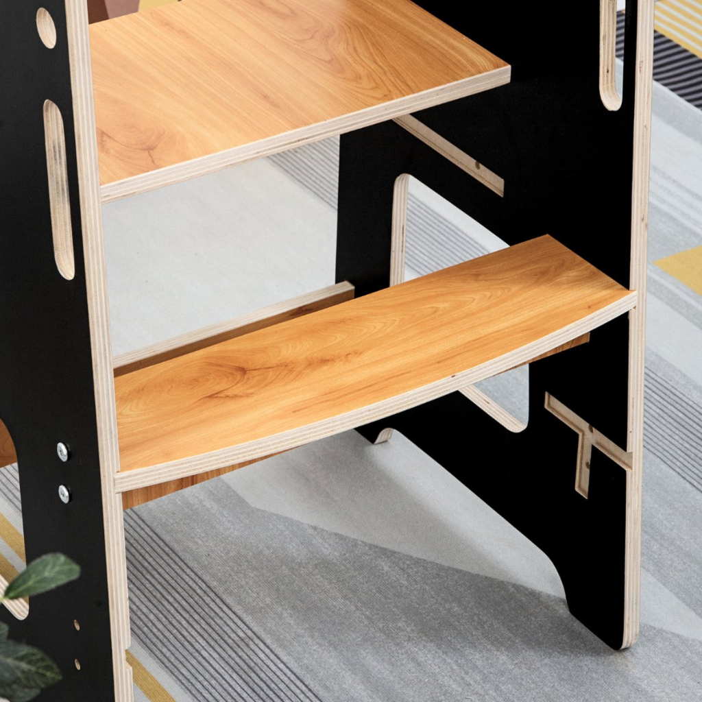 Buxibo Torre de Cocina - Torre de Aprendizaje con Escalón para Niños - Ayuda de Cocina Montessori con Barra de Seguridad - 45x40x91 - Negro