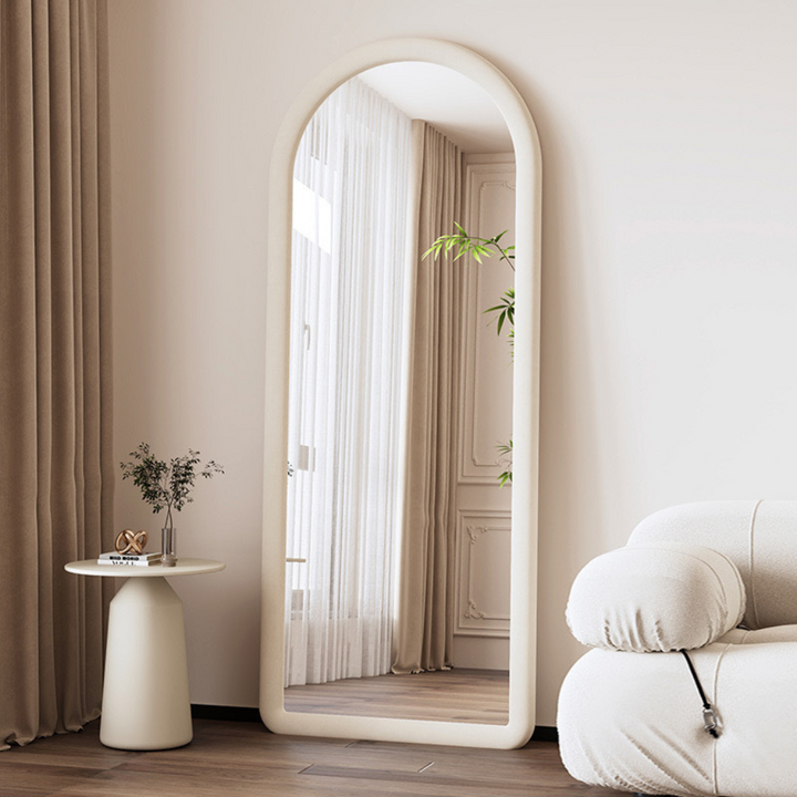 Upholstered Oval Standing Mirror 160x60 cm - Suede Velvet - White