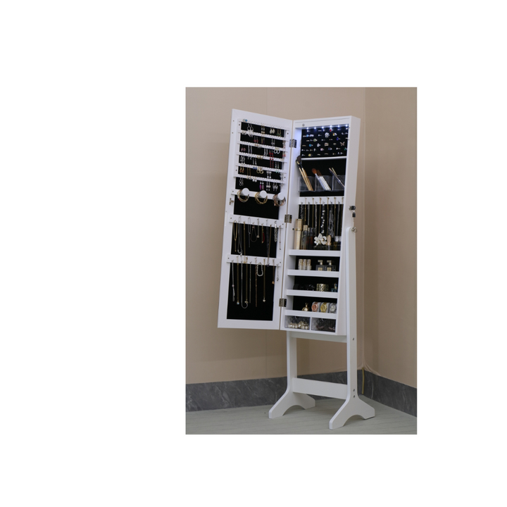 White jewelry cabinet on legs with mirror