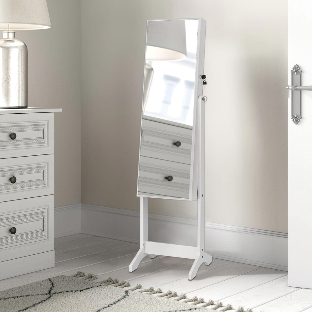 White jewelry cabinet on legs with mirror