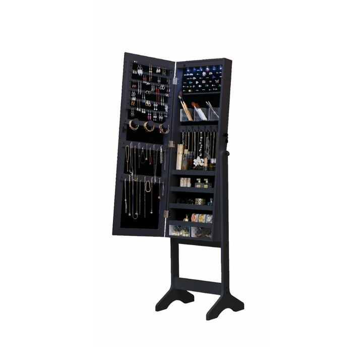 Black jewelry cabinet on legs with mirror