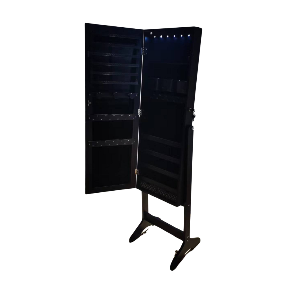 Black jewelry cabinet on legs with mirror