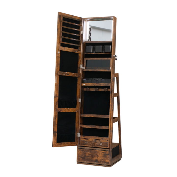 Brown jewelry cabinet with mirror and LED lighting