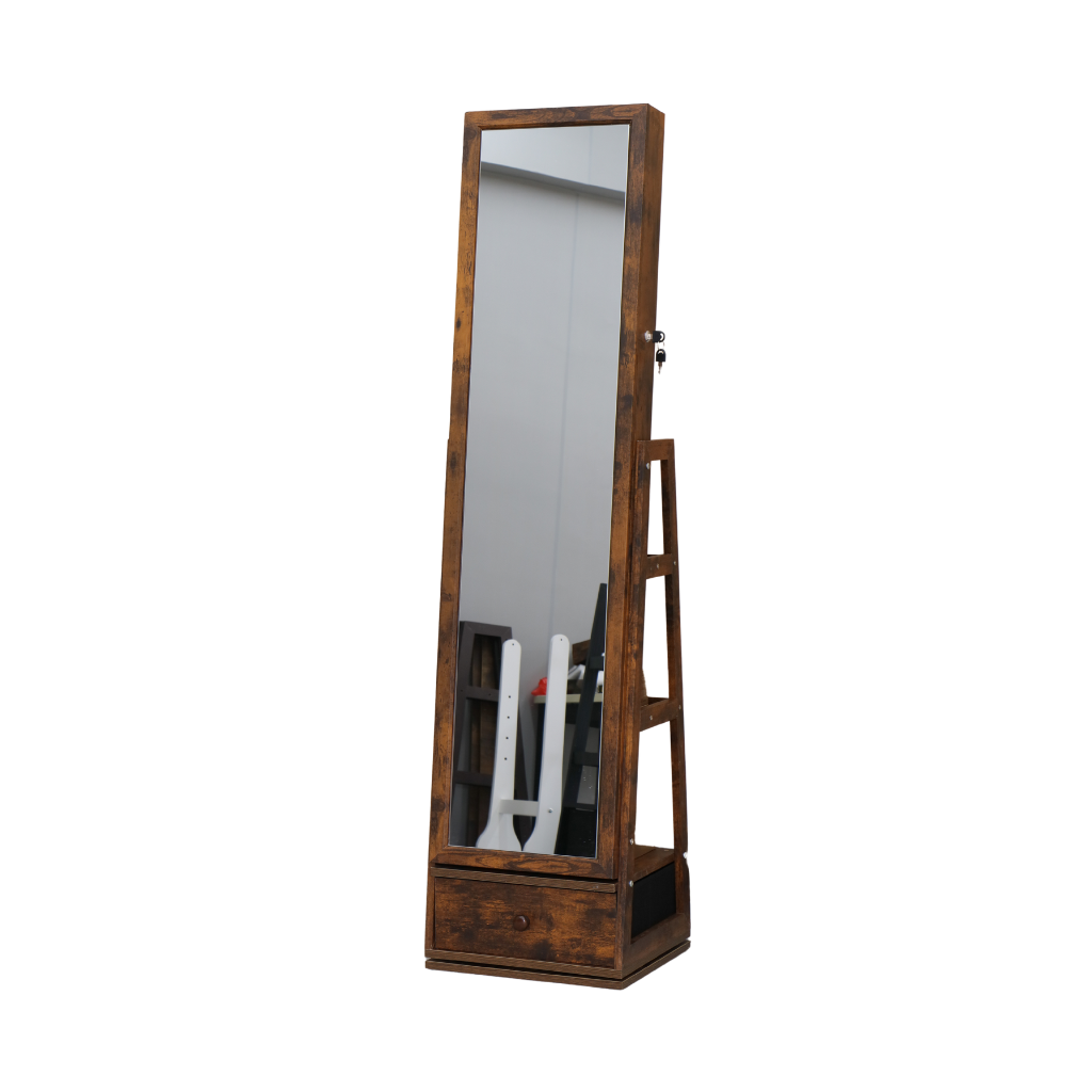 Brown jewelry cabinet with mirror and LED lighting