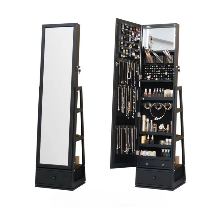 Black jewelry cabinet with mirror and LED lighting