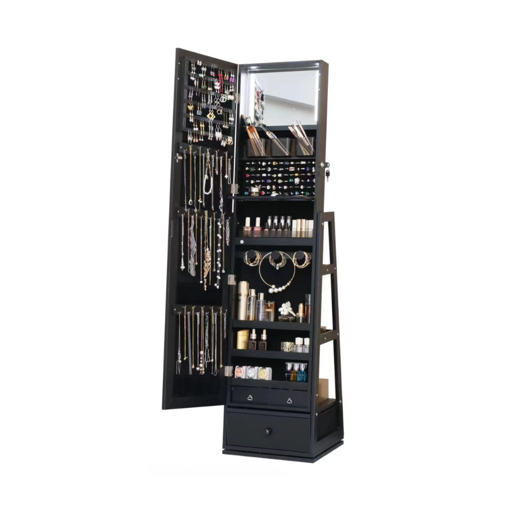 Black jewelry cabinet with mirror and LED lighting