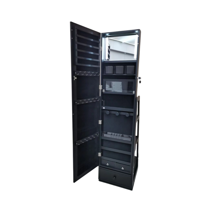 Black jewelry cabinet with mirror and LED lighting