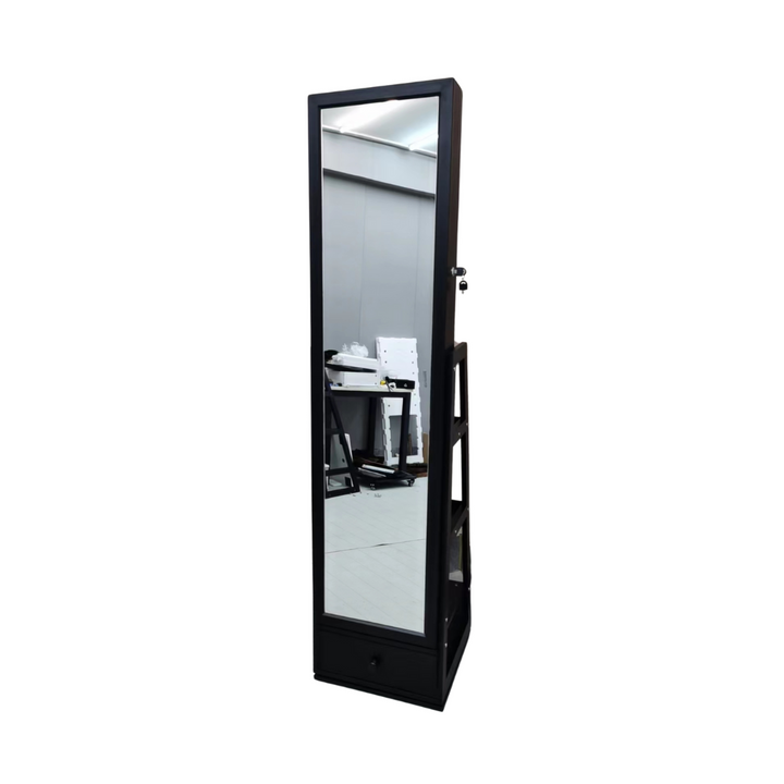 Black jewelry cabinet with mirror and LED lighting