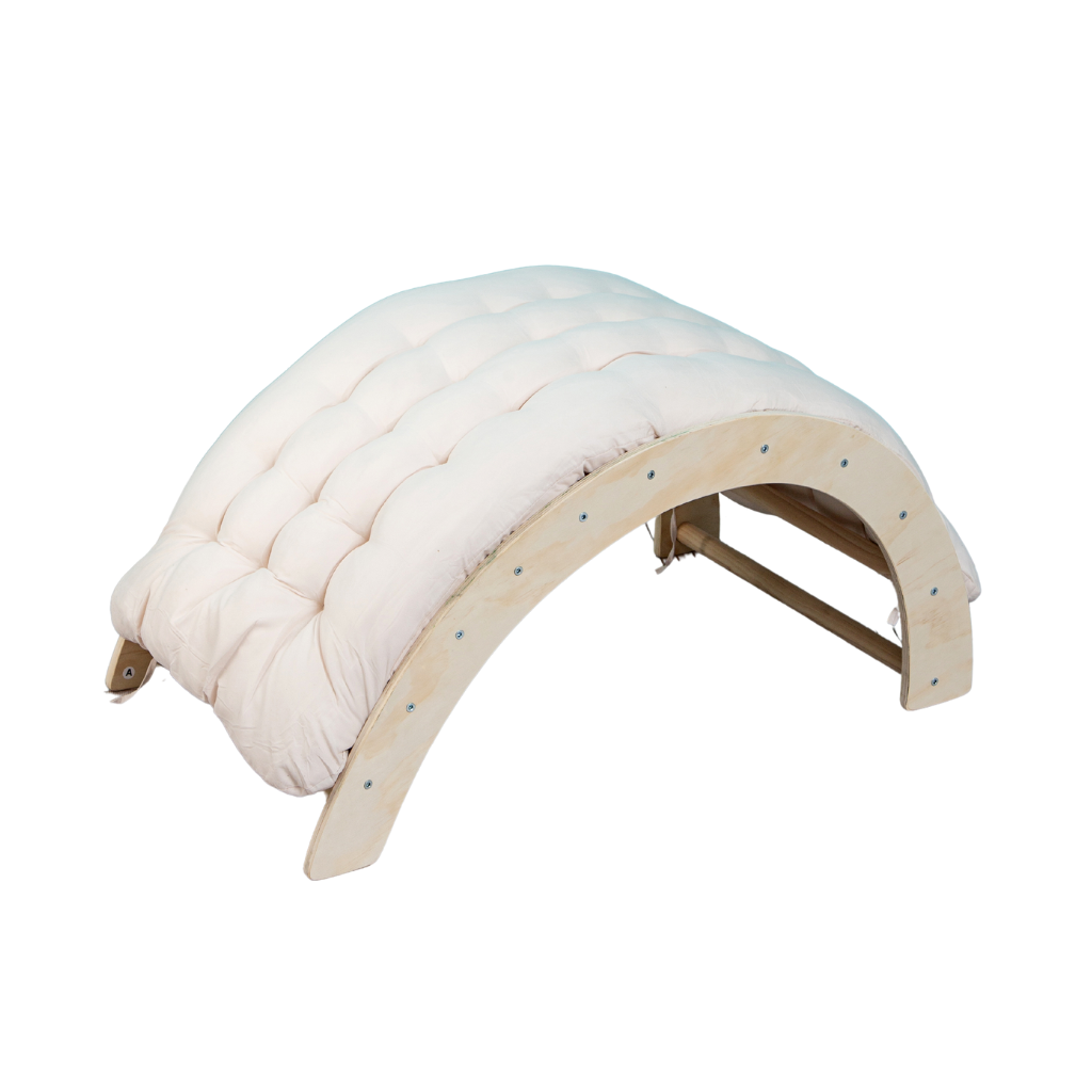 Arche d'escalade en bois avec coussin, avec cadre d'escalade Montessori, bois naturel blanc