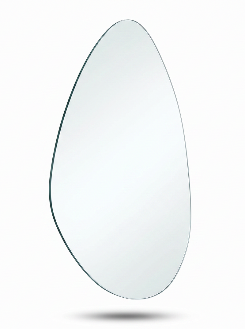 Egg-shaped frameless tempered glass mirror shown on white background, slim profile visible on left edge revealing teal-tin…